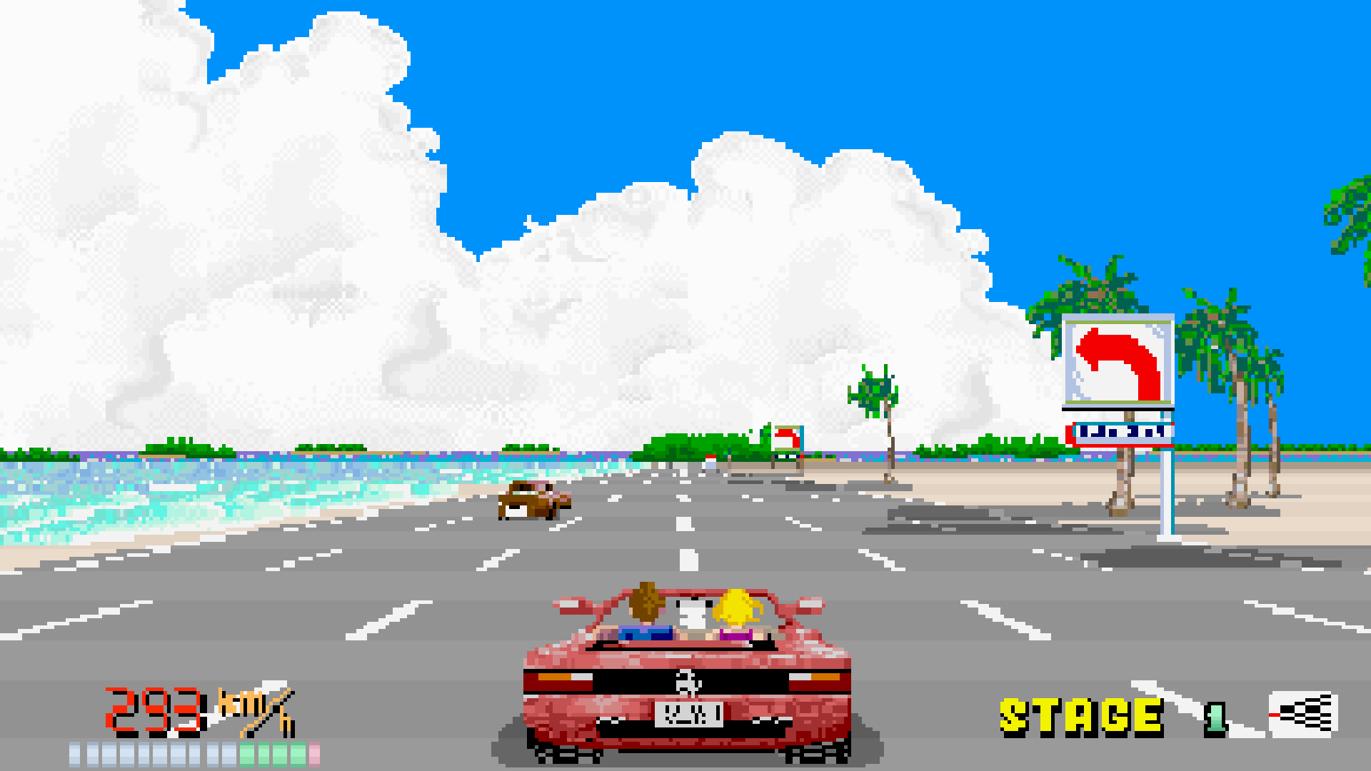 OutRun cabinet arcade azzurro cobalto tramonto pixel art