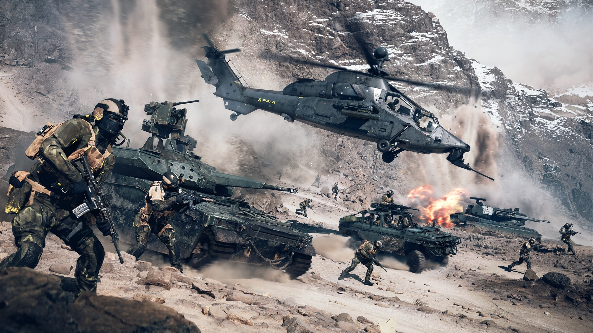 Battlefield 6 soldato in campo di battaglia devastato con esplosioni
