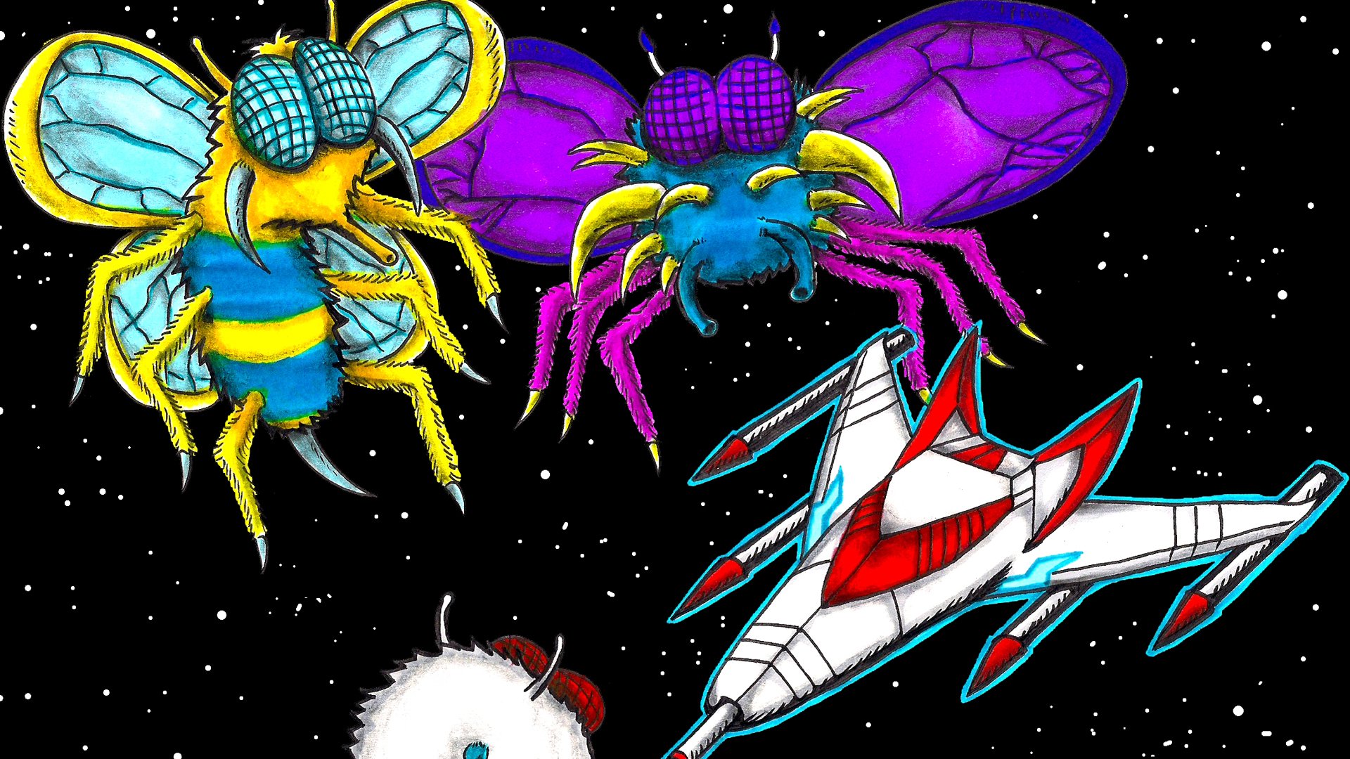 Gameplay di Galaga anni 80 con caratteristico sfondo blu elettrico e formazioni aliene