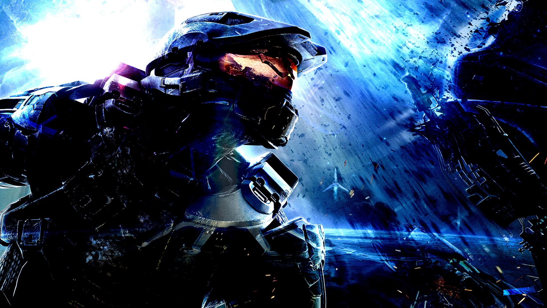 Master Chief su Installation 04 con l'anello Halo sullo sfondo