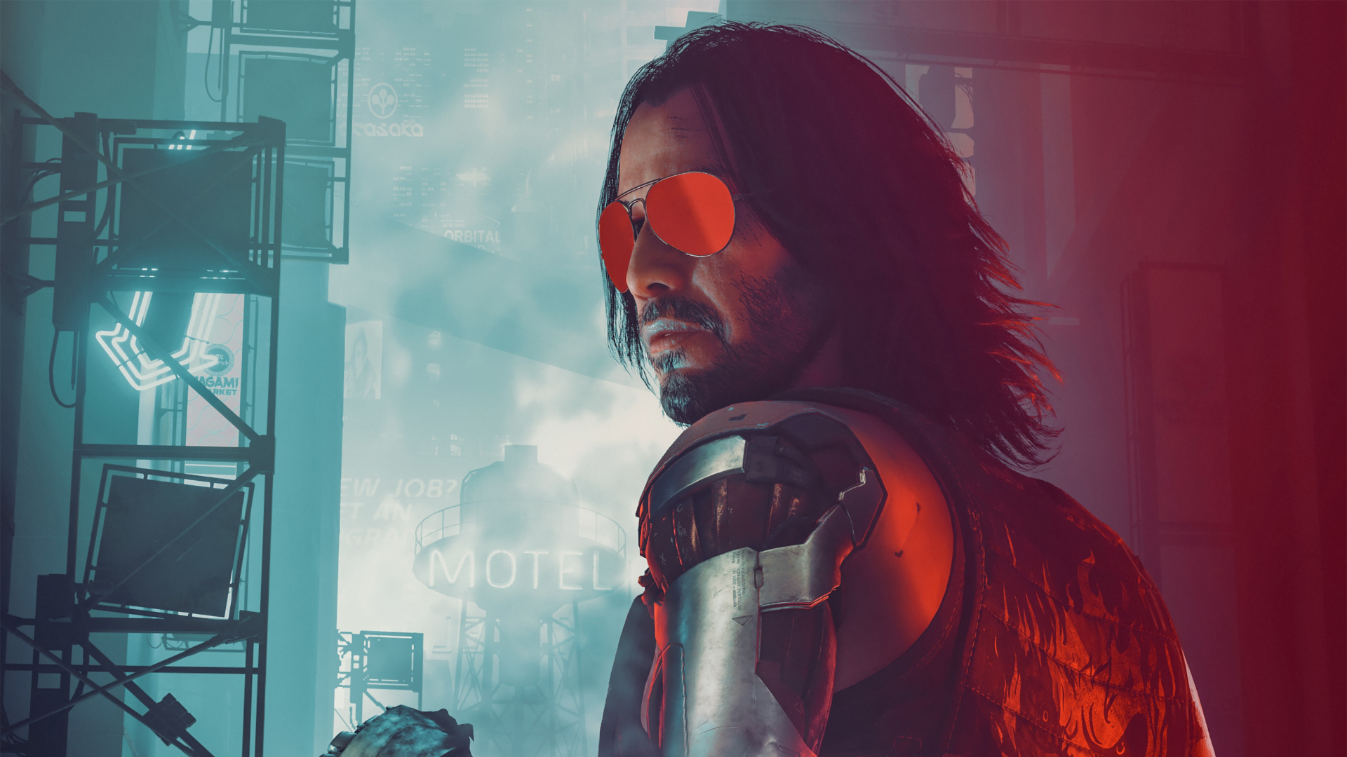 Johnny Silverhand con occhiali da sole e sigaretta in Cyberpunk 2077, primo piano su sfondo neon di Night City