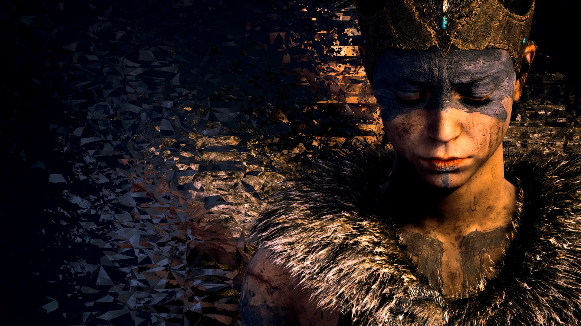 Senua guerriera pitti con spada in Hellblade Senua's Sacrifice attraversa paesaggio nordico oscuro