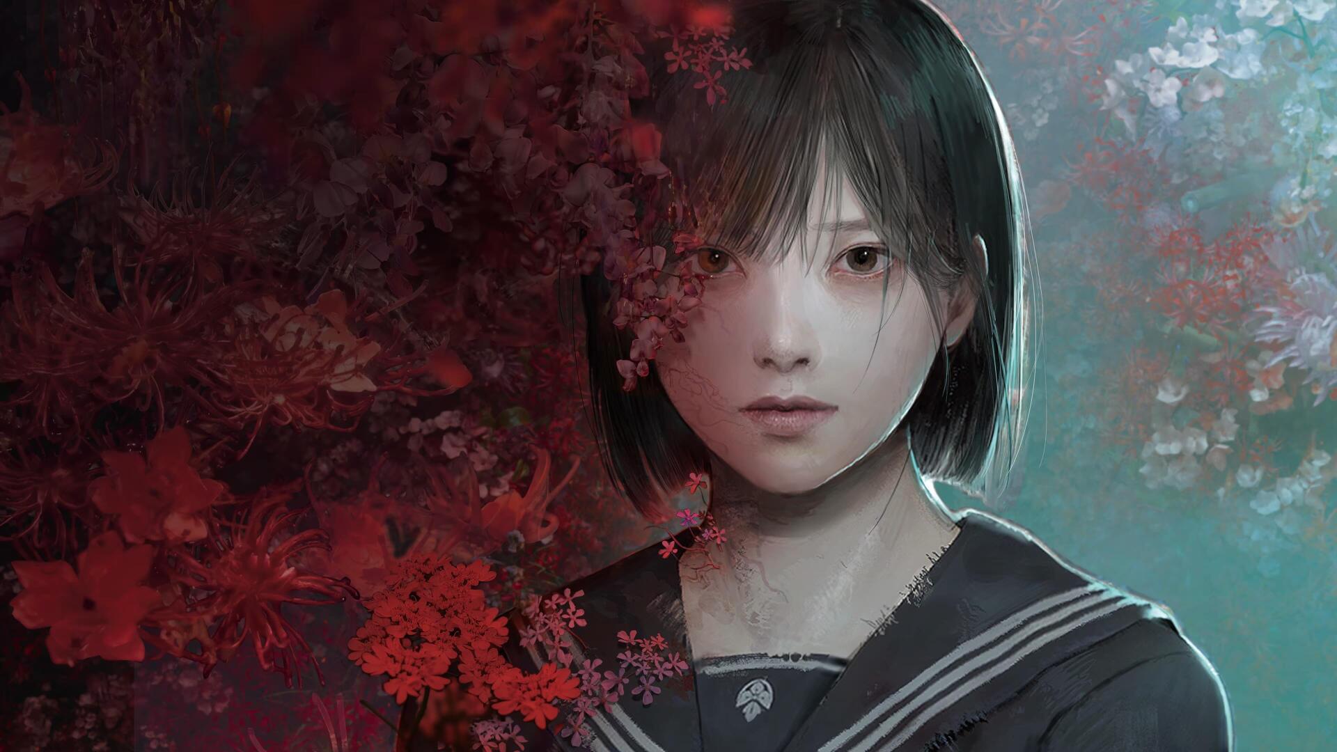 Hinako Shimizu protagonista di Silent Hill f tra fiori di camelia rossi e nebbia