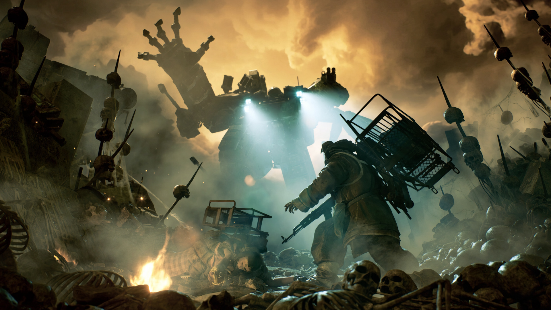 Scav di The Forever Winter tra macerie di Lost Angels mentre mech giganti combattono sullo sfondo
