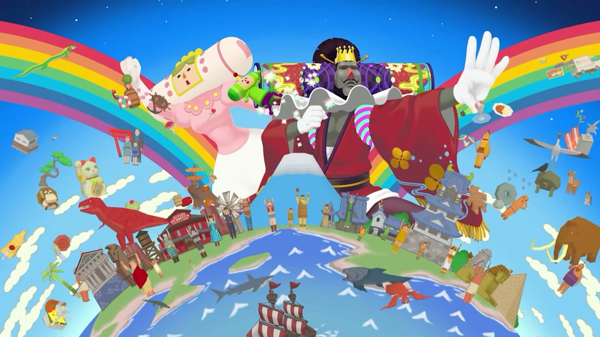 Screenshot di Katamari Damacy che mostra il Principe del Cosmo che rotola il katamari raccogliendo oggetti di diverse dimensioni in un ambiente colorato
