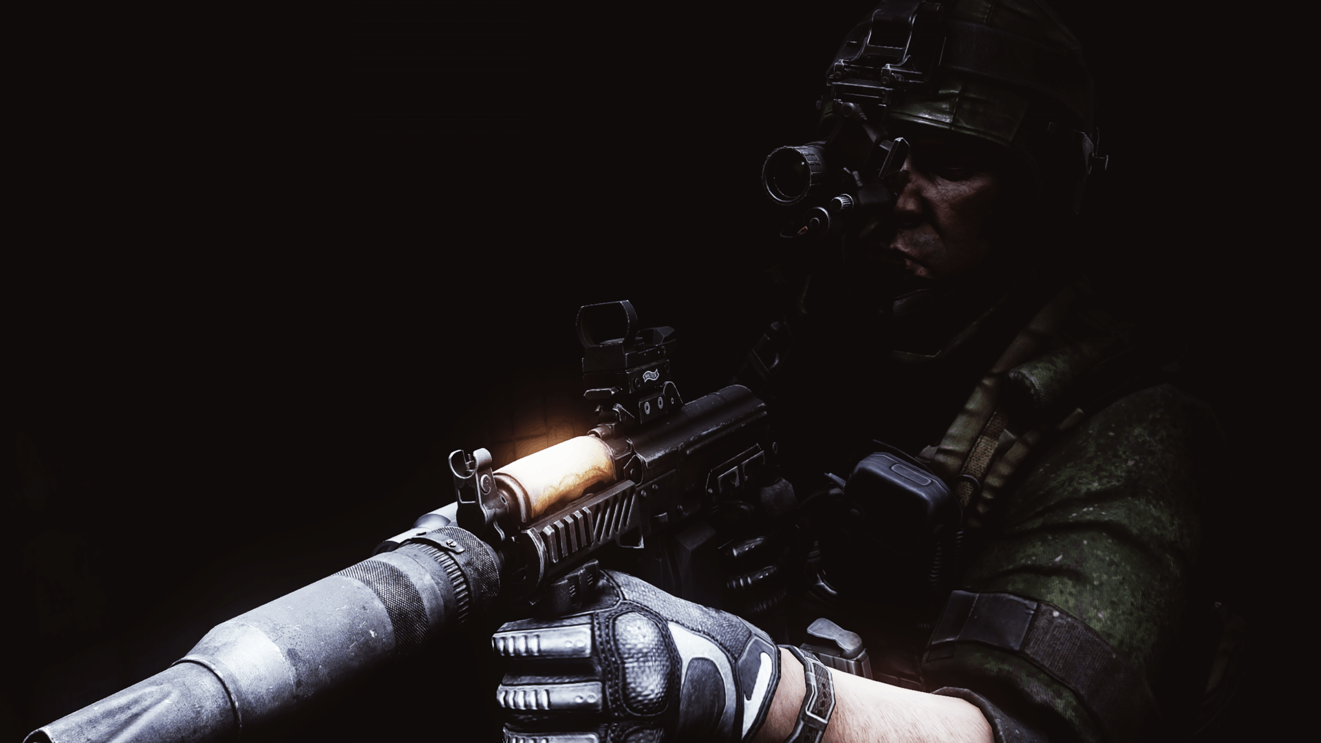 Giocatore di Escape From Tarkov durante un raid notturno con equipaggiamento tattico completo nella città di Tarkov