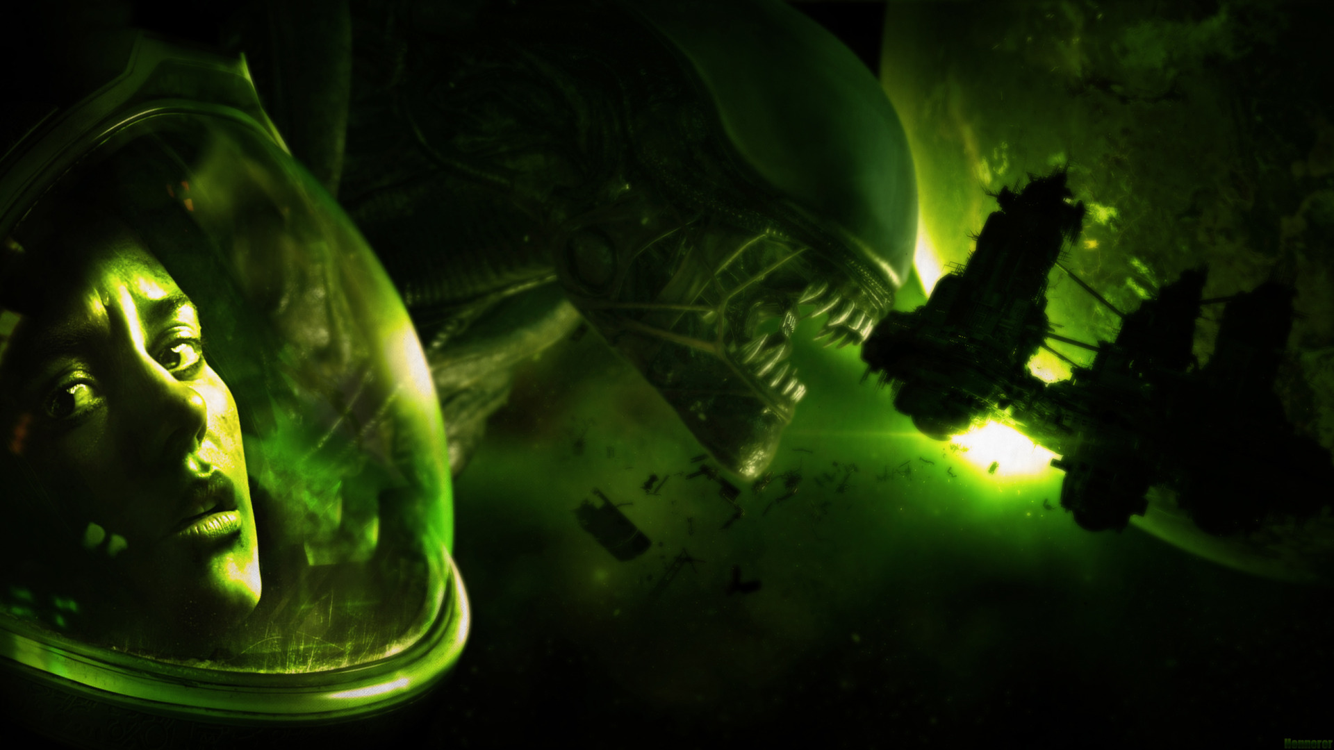 Amanda Ripley nascosta nell'armadio mentre lo xenomorfo cerca in Alien Isolation, Creative Assembly 2014