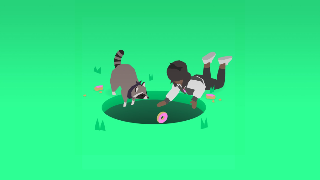Screenshot di Donut County di Ben Esposito: un buco nel terreno inghiotte oggetti colorati in un paesaggio piatto e saturo, sviluppato da Annapurna Interactive nel 2018