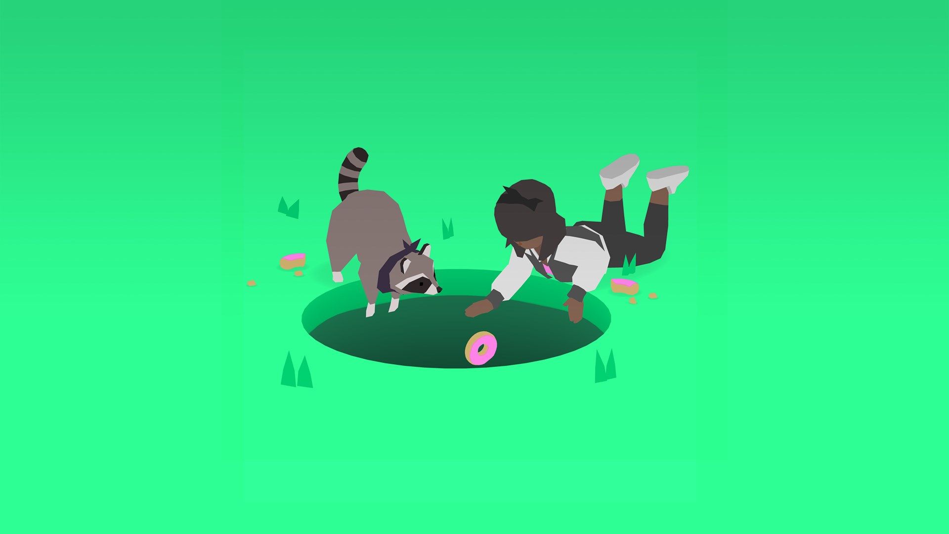 Screenshot di Donut County di Ben Esposito: un buco nel terreno inghiotte oggetti colorati in un paesaggio piatto e saturo, sviluppato da Annapurna Interactive nel 2018