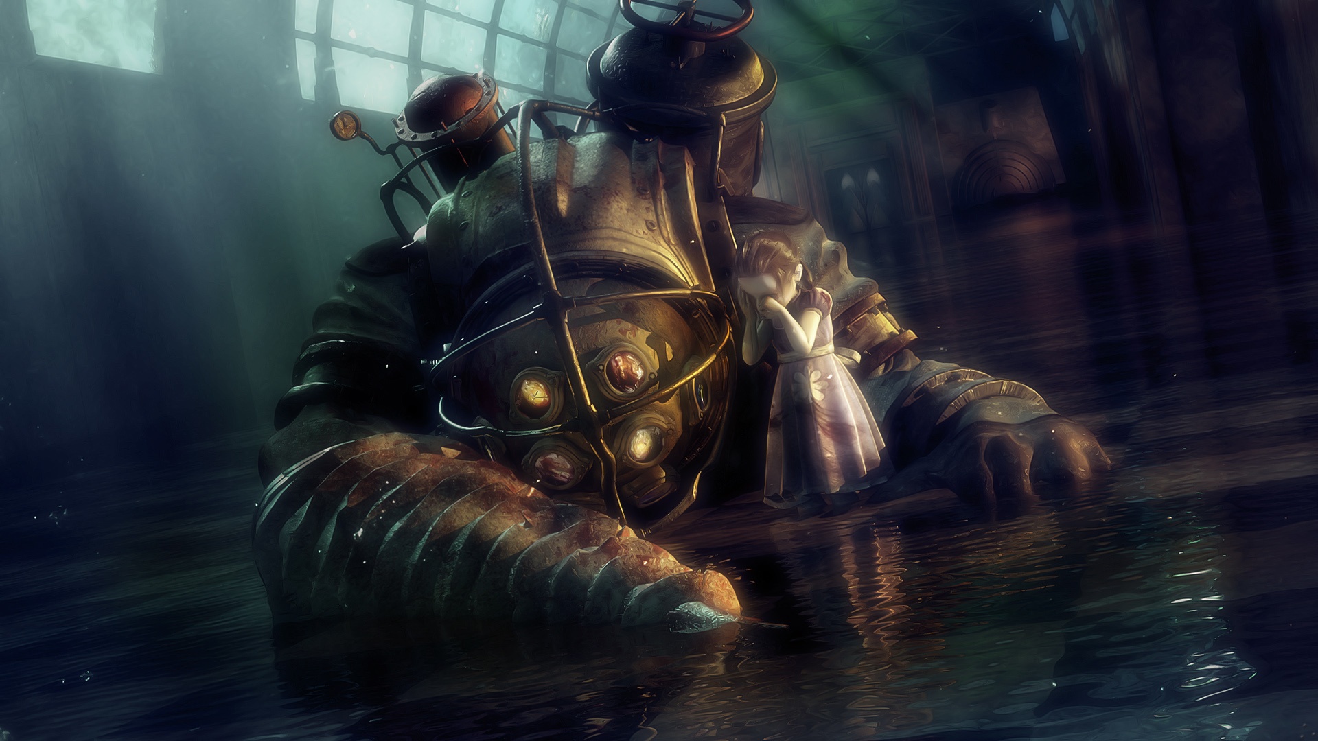 Big Daddy e Sorellina camminano insieme nei corridoi sommersi di Rapture in BioShock