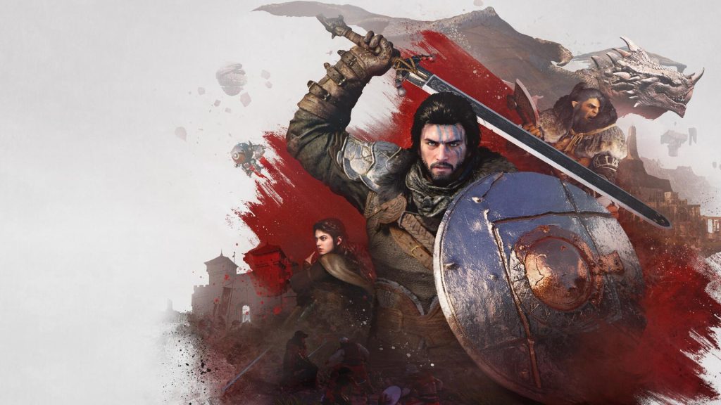 Kliff Macduff, protagonista di Crimson Desert di Pearl Abyss, combatte nel continente di Pywel con spada e scudo in un paesaggio fantasy medievale — 2026