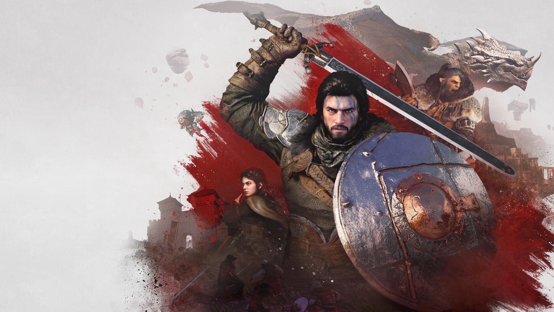 Kliff Macduff, protagonista di Crimson Desert di Pearl Abyss, combatte nel continente di Pywel con spada e scudo in un paesaggio fantasy medievale — 2026