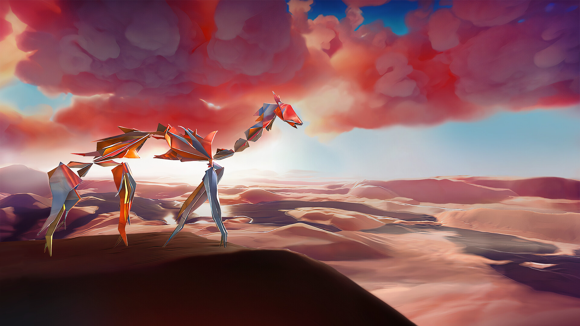 Creature origami di Paper Beast in un paesaggio digitale desertico, gioco di esplorazione in realtà virtuale sviluppato da Pixel Reef e diretto da Eric Chahi