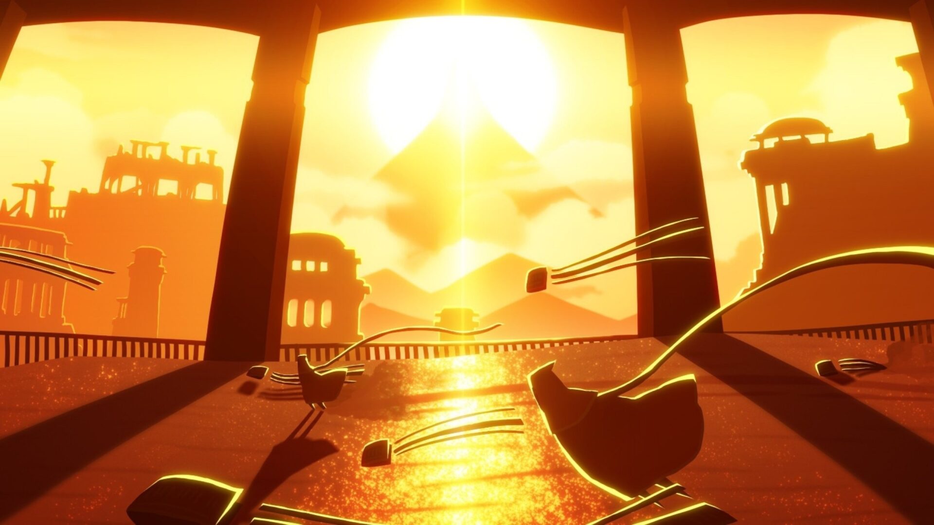 Due figure incappucciate camminano insieme nel deserto di Journey, Thatgamecompany 2012