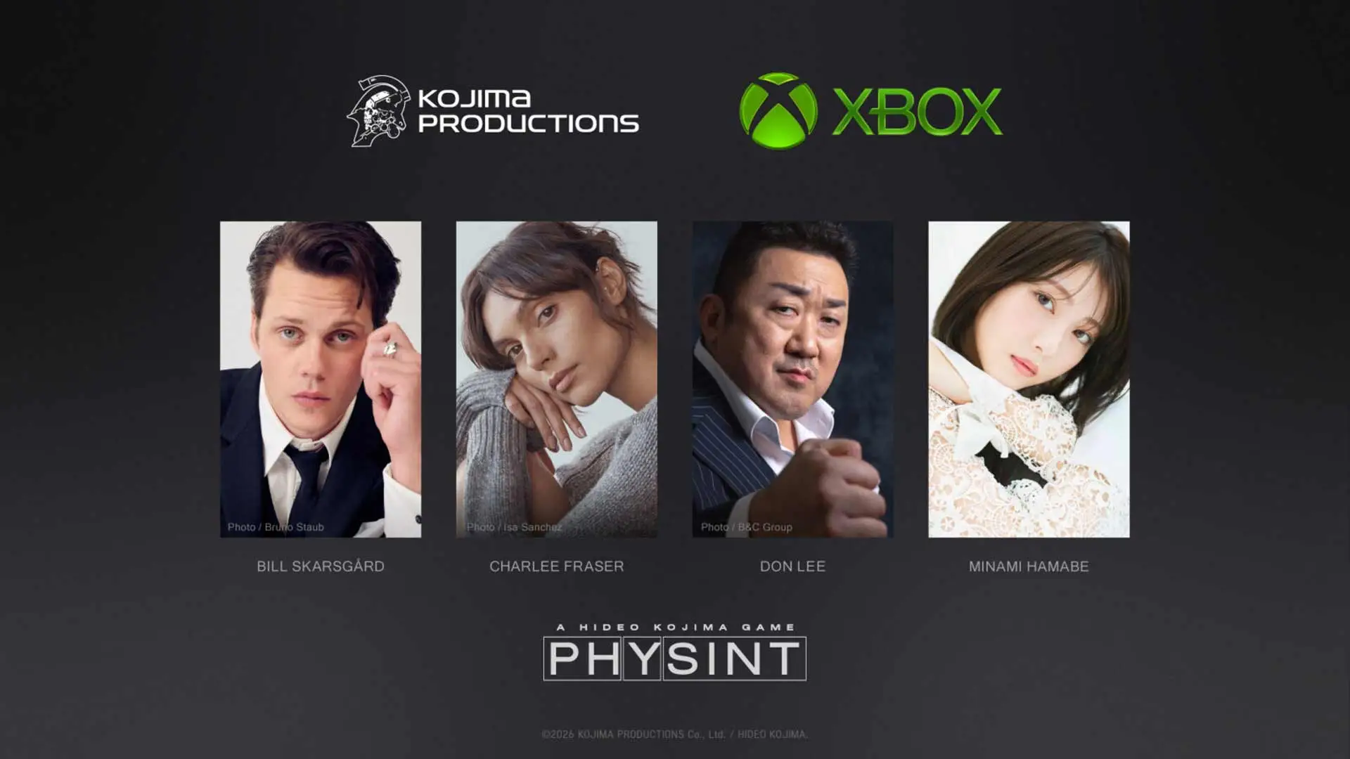 Manifesto di Physint, gioco di Hideo Kojima pubblicato da Xbox, con gli attori Bill Skarsgård e Charlee Fraser, Kojima Productions 2026